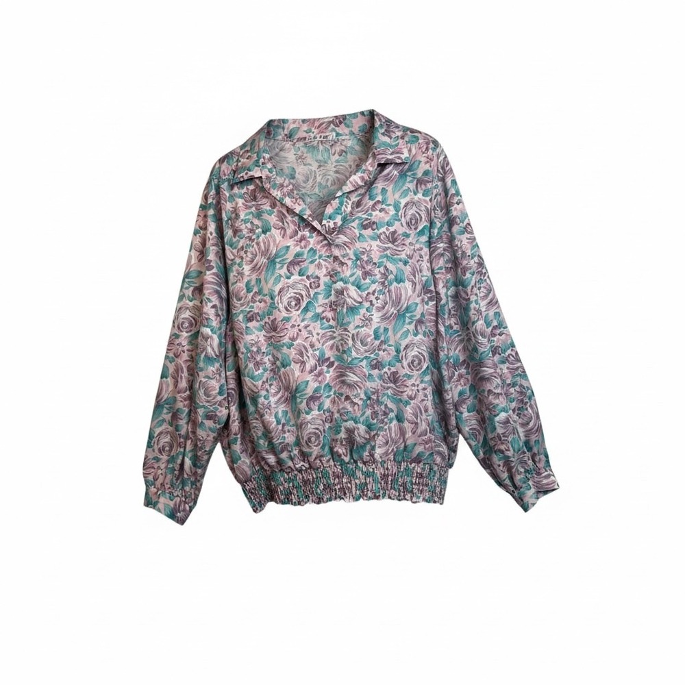 Haberdashery II Vintage Floral Blouson Blouse‎ Purple Teal Rose Plus Size 26W